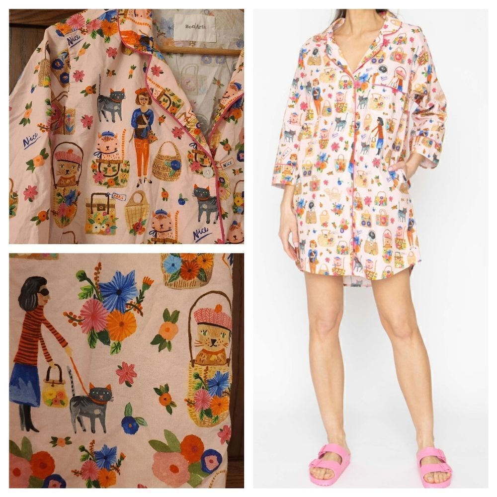 Bon Artis Ohh La La Cats Long Shirt Pajamas Size Small